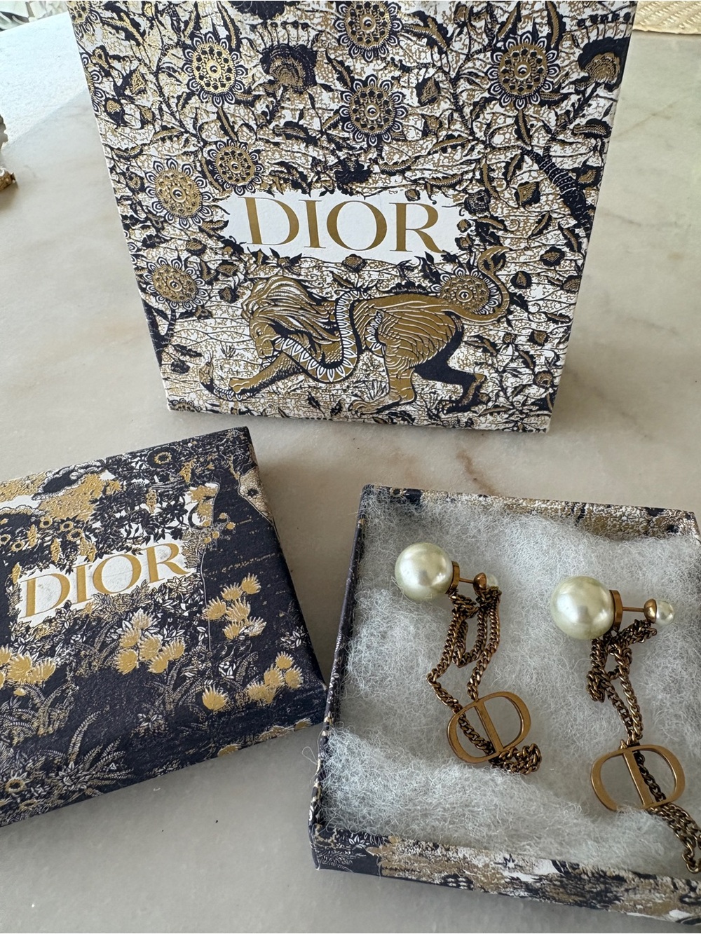 Dior Gold-Tone Chain Earrings with Cream Pearl Drops